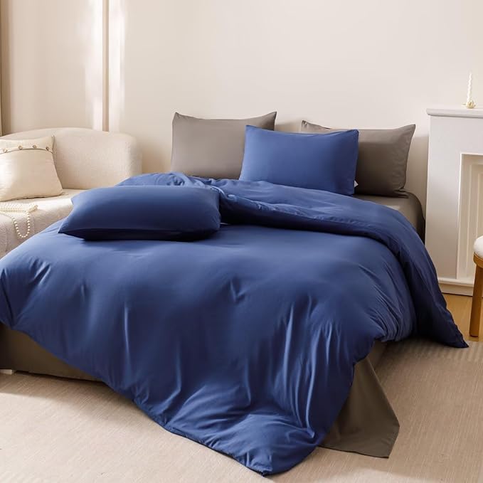 Houseri Royal Blue Comforter Set Twin Neutral Navy Bedding Vintage Japanese Style Solid Blue Farmhouse Bed Sets Twin