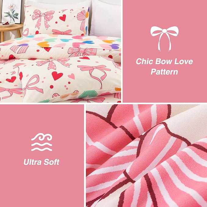 A Nice Night Lightweight Soft 6 Piece Bowknot Comforter Set Queen Size Bed in a Bag,Cartoon Love Hearts &Bow & Polka Dot Design Bedding Set for Girls Kids