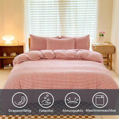 NSNLGSGC King Size Comforter Set, Red Gingham Bedding Comforter Sets, Red Grid Bed Comforter 3 Pieces (1 Comforter, 2 Pillowcases)