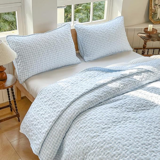 NSNLGSGC Light Blue Gingham Twin Quilt Set, Soft Pre-Washed Microfiber Blue Plaid Twin Bedspread, Lightweight Checked Summer Quilt, Grid Bedding Coverlets for All Seasons