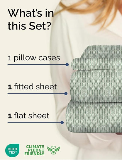 Floral Sheets - Green Floral Bed Sheet Set - 1 Flat, 1 Fitted & 2 Pillowcases w/ Deep Pockets - Comfy, Cozy, Wrinkle & Fade Free - Boho Botanical Bedding - Soft, Breathable & Cooling - Full Size Set