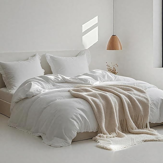 Simple&Opulence 100% Linen Duvet Cover Set, Natural French Flax White Ruffle Duvet Cover Twin Size, Breathable Comfy Linen Bedding Comforter Cover with 1 Pillowcase (White, 68" x 86")