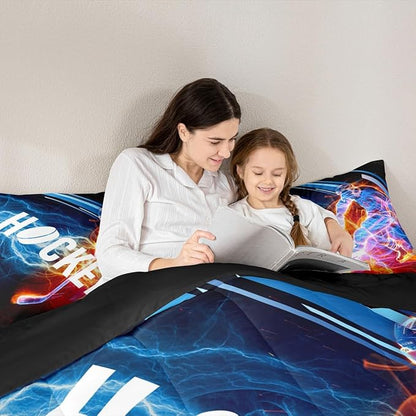 Ice Hockey Comforter Set Full, Puck Hockey Player Bedding Sets for Kids Boys Girls Teens, Red Blue Lightening Duvet Insert, Winter Sports Game Down Comforter Bedroom Decor for All Season, 3 Pieces