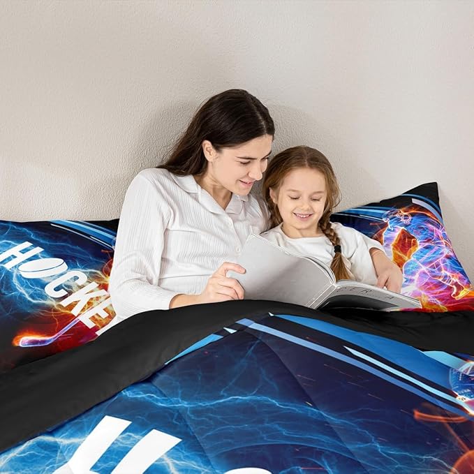 Ice Hockey Comforter Set King, Puck Hockey Player Bedding Sets for Kids Boys Girls Teens, Red Blue Lightening Duvet Insert, Winter Sports Game Down Comforter Bedroom Decor for All Season, 3 Pieces