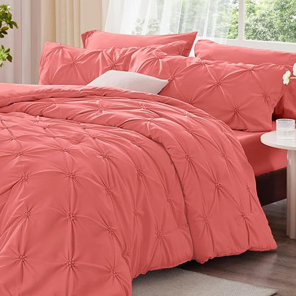 BEDELITE Coral Queen Comforter Set - 3 Pieces Boho Pintuck Bedding Comforter Sets, Lightweight Soft & Warm Bed Comforter Queen with 2 Pillowcases for All Season