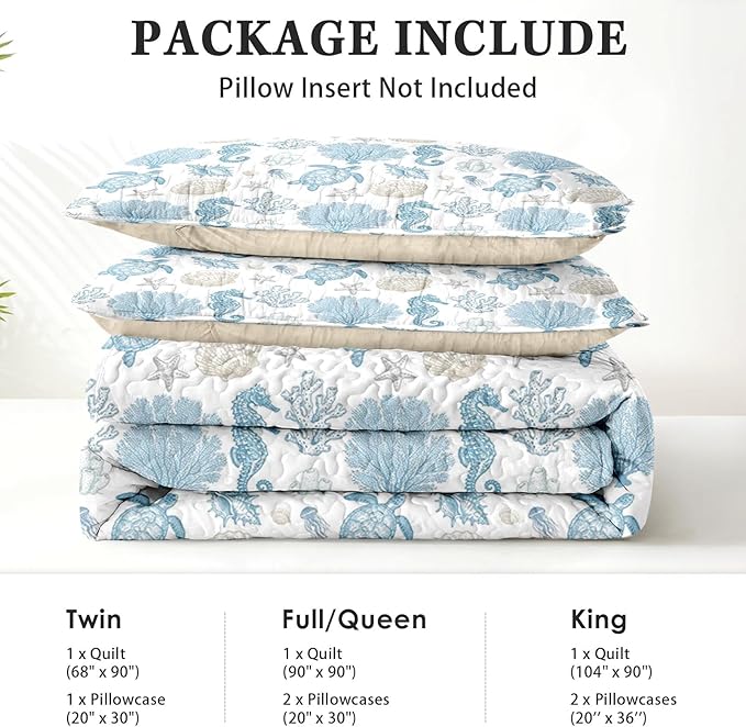 Quilt Set King Size, Sea Shell Coral Seahorse 3 Pcs Soft Bed Cover Bedding Set for Kids and Adults, Starfish Nautical Lightweight Bedspread Coverlet with Pillow Sham for All Season