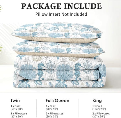 Quilt Set Full/Queen Size, Sea Shell Coral Seahorse 3 Pcs Soft Bed Cover Bedding Set for Kids and Adults, Starfish Nautical Lightweight Bedspread Coverlet with Pillow Sham for All Season