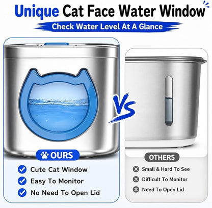 Homtyler Luxury Automatic Cat Water Fountain for Pets, 2.2L/74oz Stainless Steel Dog Water Dispenser with Filter, BPA Free & Silent, Featuring LED Light, Easy Clean & Cat View Window