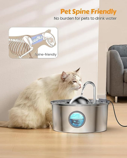AONBOY Cat Water Fountain with 8 Filters + 8 Sponge Filters | 108oz/3.2L Cat Fountain Stainless Steel with Water Level Window Faucet Shape Dog Water Fountain Multi Filtration