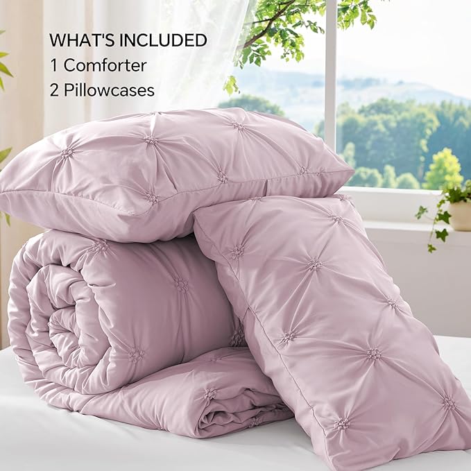BEDELITE Light Purple King Size Comforter Set - 3 Pieces Boho Pintuck Bedding Comforter Sets, Lightweight Soft & Warm King Bedding Set with 2 Pillowcases for All Season