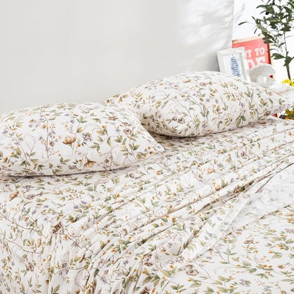 DAUAOTO 100% Cotton Bedding Printed Sheets Set for Full Size Bed Up to 14" Deep Mattress, Farmhouse Pattern Bedlinen Sets, Botanic Green