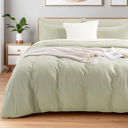 NEXHOME PRO Duvet Cover Set Super King 108"x98" Linen Feel Textured Organic Natural 100% Washed Cotton Duvet Cover 3 Pieces Bedding Set Zipper Closure, Breathable, Soft, Mint Green (No Comforter)