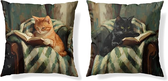 Funny Cat Reader Book Throw Pillow Cover 18 x 18 Set of 2, Gifts for Book Lovers, Reading Nook Corner Decor, Preppy Floral Black Orange Tabby Tuxedo Cats Bookish Pillowcase（04）