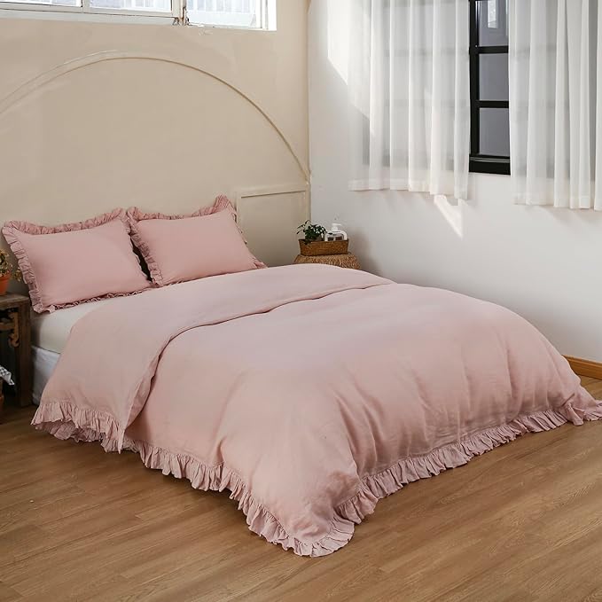 Simple&Opulence 100% Linen Duvet Cover Set, 3 PCS Natural French Flax Blush Pink Ruffle Duvet Cover Full Size, Breathable Comfy Linen Bedding Comforter Cover with 2 Pillowcases (Blush Pink, 78" X 86")