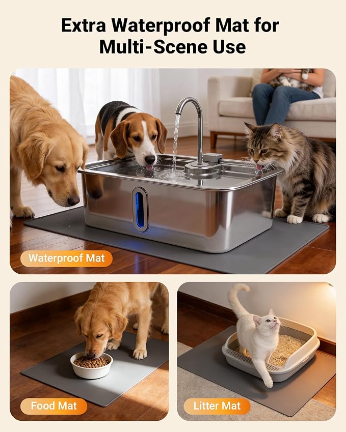 18L/4.76Gal Extra Large Dog Water Fountain with Silicone Mat & 3 Filters | Quiet Pet Water Fountain for Large Breeds, Stainless Steel Dog Water Bowl Dispenser with Visible Window & Alert Light