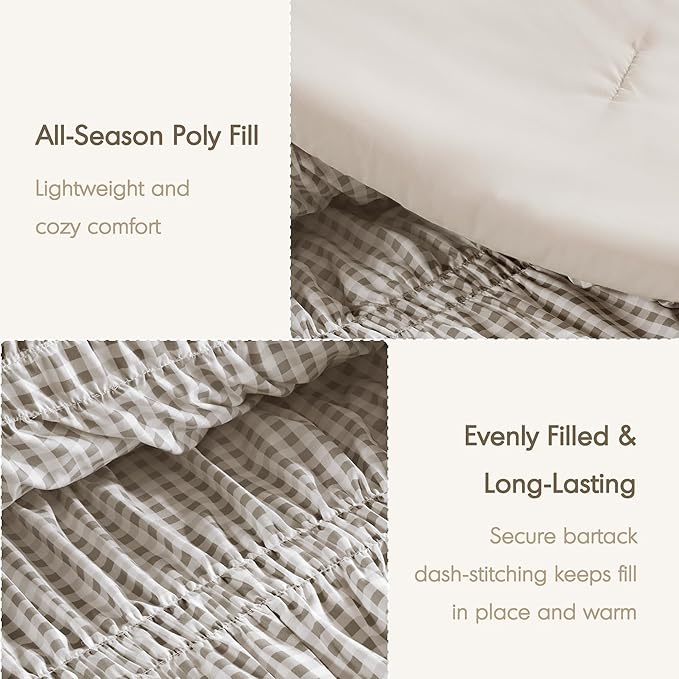 Intelligent Design Ella Twin Comforter Set – Ruched Gingham Shabby Chic Bedding, Bow-Tie Detail, All Season Lightweight 3 Piece Bedding Set, Sham, Twin/Twin XL, Brown