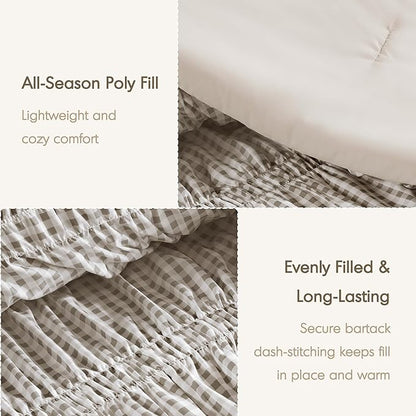 Intelligent Design Ella Twin Comforter Set – Ruched Gingham Shabby Chic Bedding, Bow-Tie Detail, All Season Lightweight 3 Piece Bedding Set, Sham, Twin/Twin XL, Brown