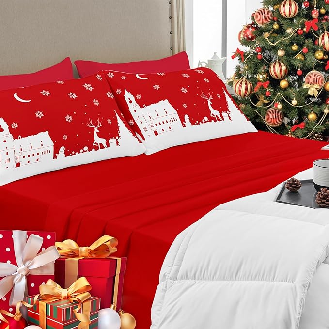 YIYEA Christmas Pillow Cases Standard Size Set of 4, Ultra Soft Double Brushed Microfiber Red Pillowcases and Christmas Pillow Covers, Envelope Closure, Fade Resistant (20"x26")