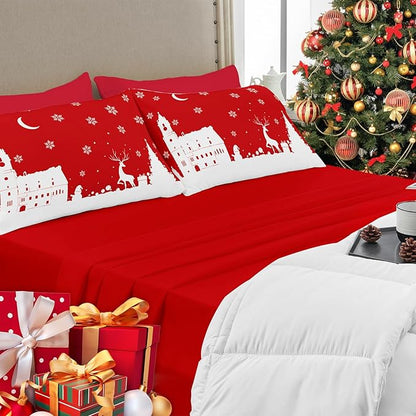 YIYEA Christmas Pillow Cases Standard Size Set of 4, Ultra Soft Double Brushed Microfiber Red Pillowcases and Christmas Pillow Covers, Envelope Closure, Fade Resistant (20"x26")
