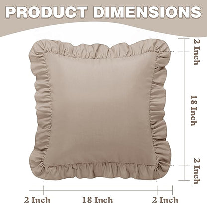 KKJIAF Ruffle Pillow Cases 18x18 Inches, Khaki Square Ruffled Pillow Covers Set of 2, Microfiber Wrinkle Resistant Pillow Shams with Envelope Closure for Sofa Bed Living Room