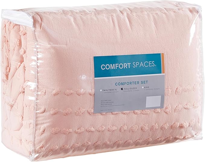 Comfort Spaces Cotton Comforter Set Jacquard Pom-Pom Tufts Design, Down Alternative, All Season Modern Bedding, Matching Shams, Twin/Twin XL, Phillips, Blush