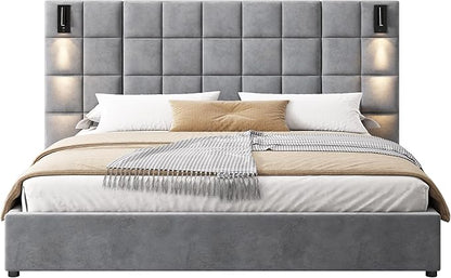Merax Upholstered King Bed, with Reading Lamp and USB Port, Wide Velvet Headboard, (Without Bedside Tables and Mattress), Grey