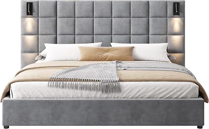 Merax California King Size Upholstered Velvet Bed Frame, with Wall Sconce and USB Port, Wide Headboard for Bedroom, (Without Bedside Tables & Mattress), Gray