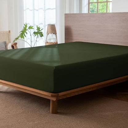MooMee Fitted Bottom Sheet Only 100% Washed Cotton Linen Like Textured Breathable Durable Soft Comfy Deep Pocket Fits Mattress up to 17" (Forest Green, King)