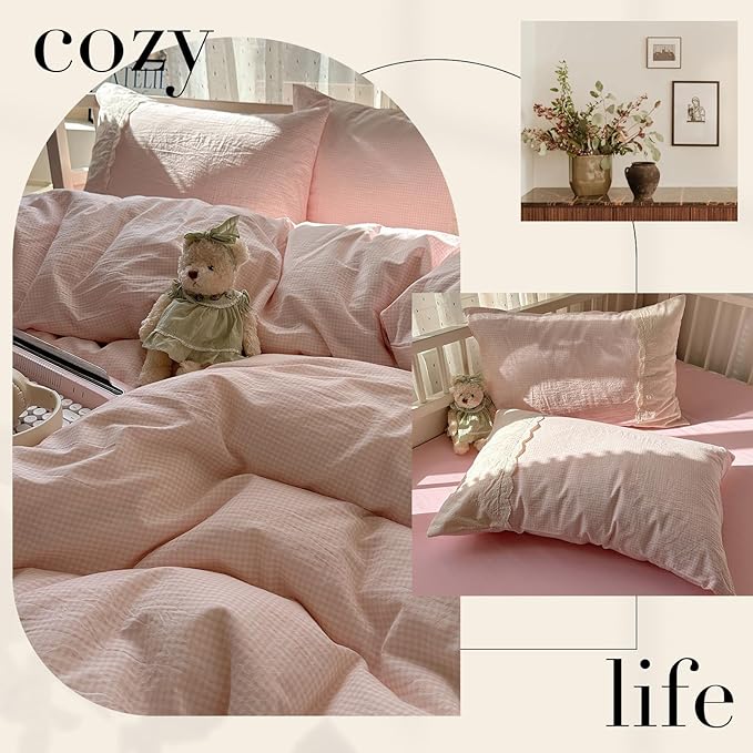 HighBuy Full Size Comforter Set Pink Gingham Bedding Set with Lace Ruffles, 3 Pieces Plaid Comforter Set for All Season,Modern Chic Plaid Checkered Pattern Farmhouse Gird Breathable Fluffy