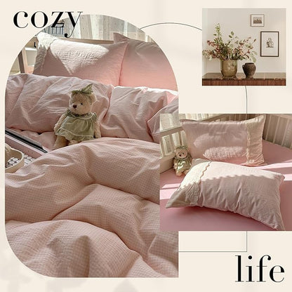 HighBuy Pink Gingham Comforter Set Twin XL,Vintage Boho Pink Grid Gingham Comforter with 2 Pillowcases,Farmhouse Plaid Bedding Set Fluffy Checkered 3 Pieces with Lace Ruffle,All Seasons