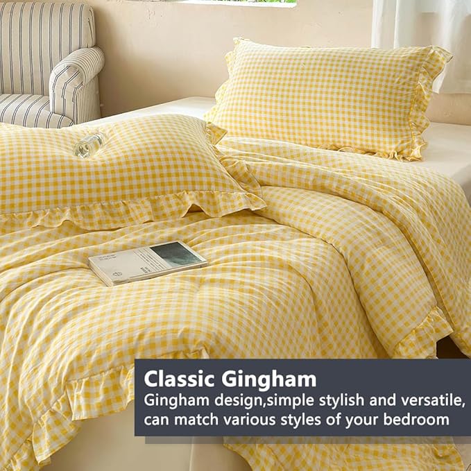 NSNLGSGC Yellow Ruffle Gingham Comforter Set Twin, Pre-Washed Ruffled Plaid Checked Comforter Bedding, 2 Pieces Vintage Farmhouse Grid Bedding Set(Yellow Gingham, Twin)