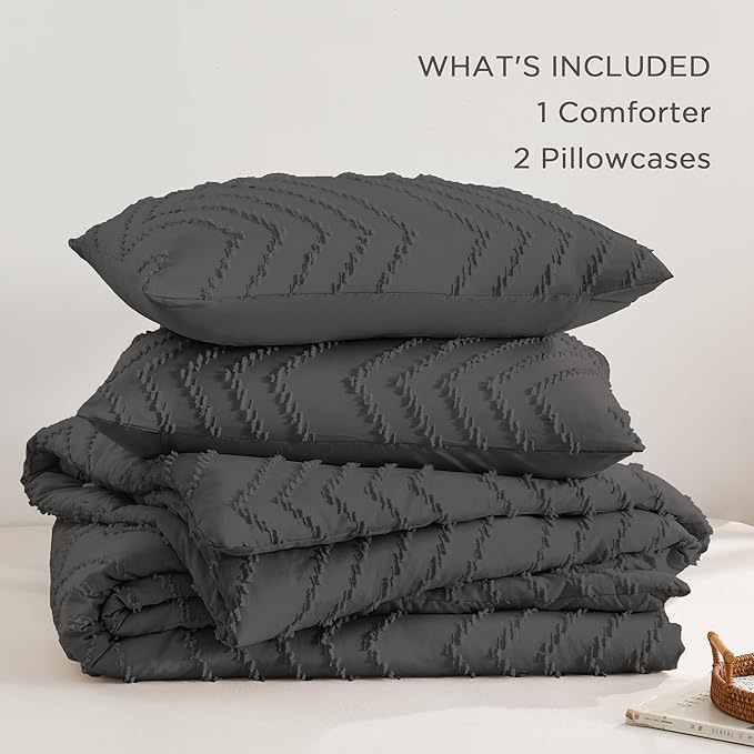 Andency Dark Grey Oversized Queen Comforter Set, Boho Soft Warm Bedding Comforter Sets, 3 Pieces Aesthetic Chevron Farmhouse Cute Bohemian Textured Bed Set