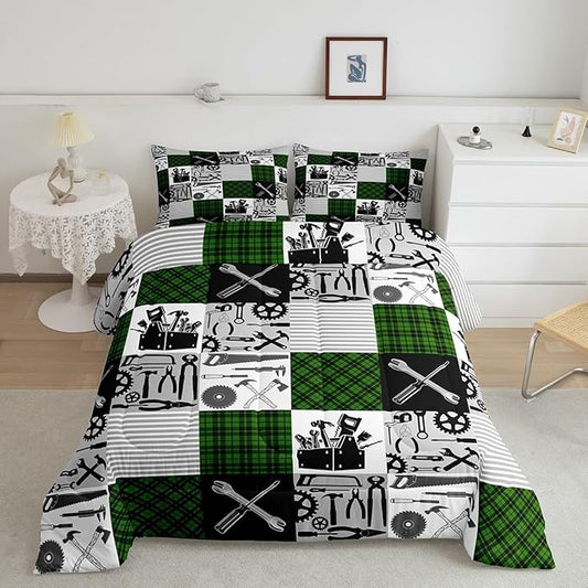 Kids Boys Car Comforter Set Farmhouse Gingham Check Bedding Set Wrench Repair Outfit Bedding Home Decor Green Black Comforter King Size 3 Pieces Quilted Duvet Set with 2 Pillowcase