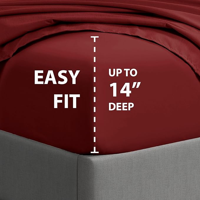 Cathay Home Essentials Ultra Soft Hypoallergenic Wrinkle Resistant Double Brushed Microfiber Bedding Sheet Set, Burgundy, Twin XL