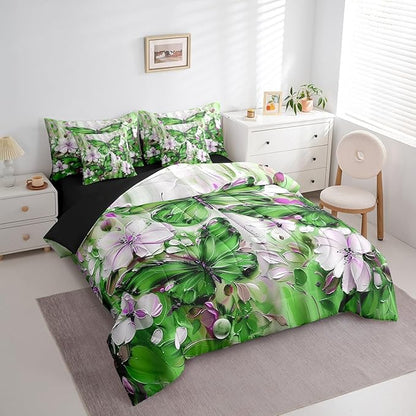Erosebridal Green Butterfly 7 Piece Bed in A Bag Queen White Flowers Oil Painting Boho Comforter Set Retro Hippie Floral Butterfly Bedding Set for Girls Women,Aesthetics Bohemian Bed Set