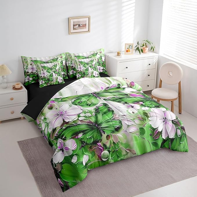 Erosebridal Green Butterfly 7 Piece Bed in A Bag Full White Flowers Oil Painting Boho Comforter Set Retro Hippie Floral Butterfly Bedding Set for Girls Women,Aesthetics Bohemian Bed Set