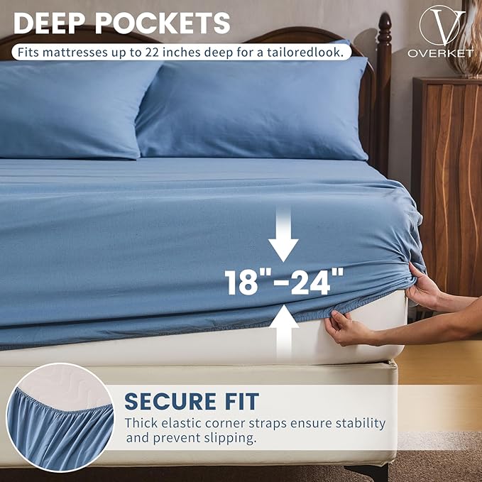 100% Linen Sheet Set Cal King Size Extra Deep Pocket Fits 18-24 Inch Mattress, Breathable & Soft, Smooth 6-Piece Set for Thick Mattresses Hotel Luxury Bedding（Cal King, Dusty Blue）