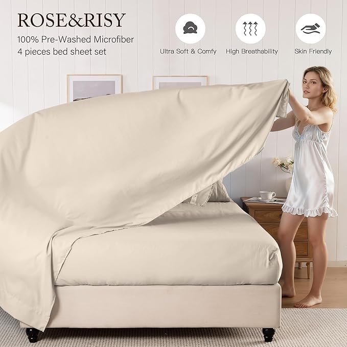 ROSE&RISY Sand Queen Sheet Set, Pre-Washed Cotton-Like Brushed Microfiber, 4 Pieces Super Soft Bed Sets, Breathable Cooling Deep Pockets, Includes 1 Fitted, 1 Flat, 2 Pillowcases (Sand, Queen)