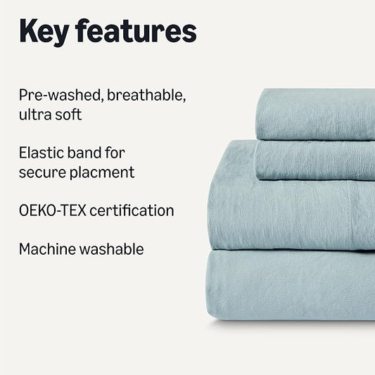 Amazon Basics Queen Bed Sheet, 4-Piece Bedding Set, Double Brushed Microfiber, Ultra Soft, Easy Care, Blue