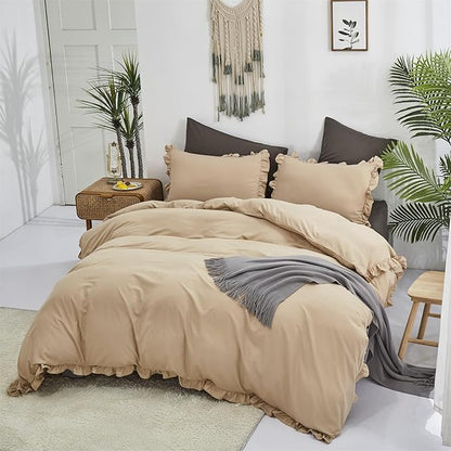 CLOTHKNOW Taupe Ruffle Queen Comforter Set Champagne Bedding Comforter Sets Soft Shabby Chic Farmhouse Comforter with 2 x Pillow Cases