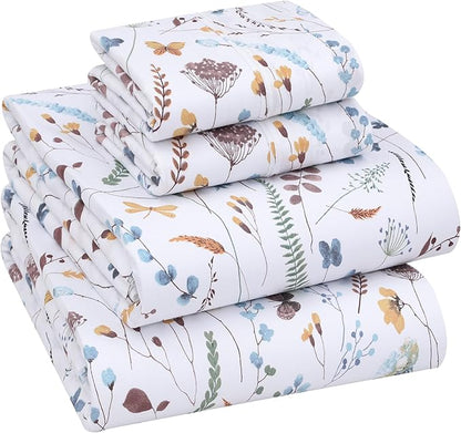 RUVANTI 100% Cotton Sheets – Full Size Percale Bedding, Cooling & Breathable Floral Design, Durable with a Crisp, Soft & Comfortable Feel, 16" Deep Pocket, 4-Piece Set, Fern Class