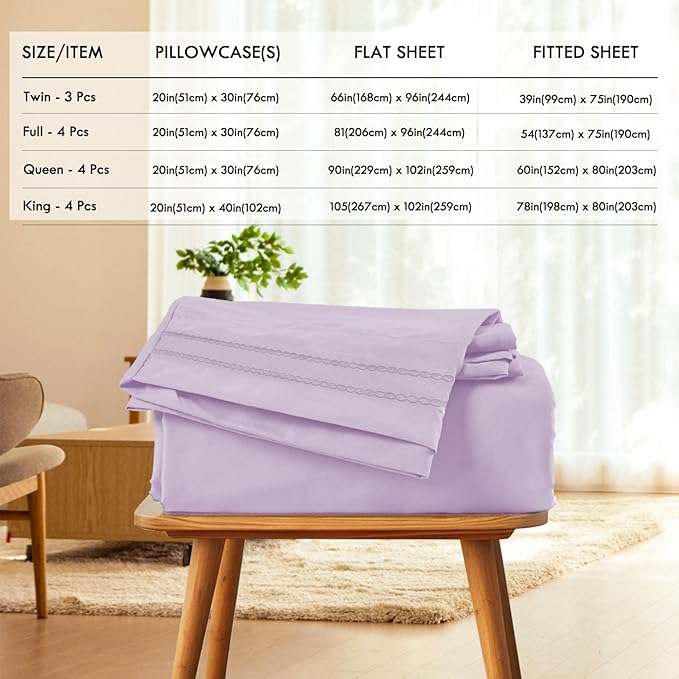 ClevaHome King Sheet Set, 4-Piece King Size Sheet Sets, Lightweight & Super Soft Easy Care Microfiber– Shrinkage & Fade Resistant Bedding Set with 14'' Deep Pockets (Lilac)