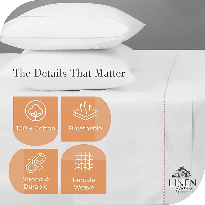 Linen Home 100% Cotton Percale Pearl Stitch Pillowcases King Size, Peach, 2 Pieces of Pillow Case, Crisp and Cool Strong Bed Linen, 20 inches X 40 inches