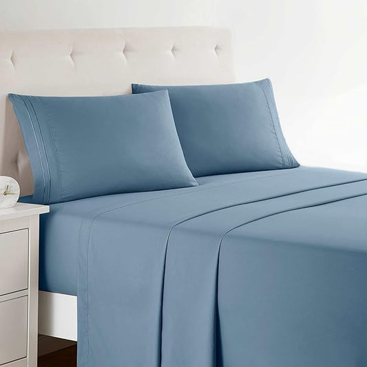 Clara Clark Bed Sheets, Premier 1800 Series Bed Sheet Set, Deep Pocket, Wrinkle, Fade, Stain Resistant, Luxury Soft Bedding Sheets & Pillowcases, Queen, Stone Blue