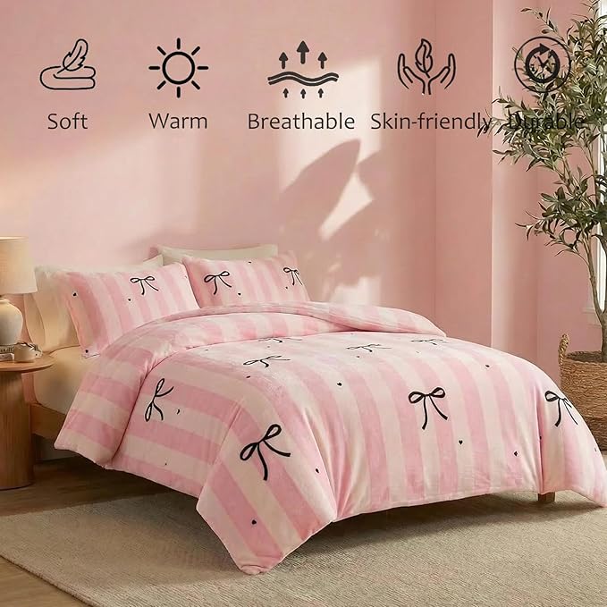 Bedbay Pink Striped Fleece Comforter Set Queen Size Girls Bow Comforter Soft Warm Fleece Velvet Bedding Set Pink Stripes Cute Bow Tie Pattern Fluffy Queen Bed Set 3 Pcs for Boys Girls Teen