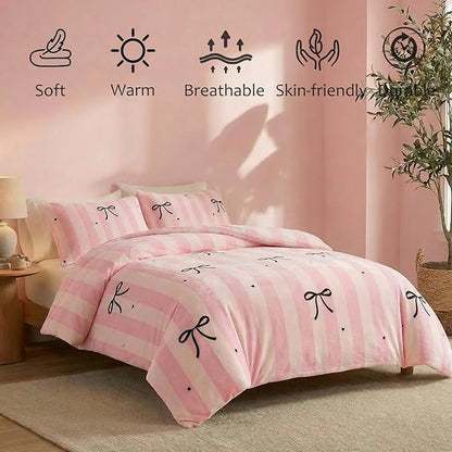 Bedbay Pink Striped Fleece Comforter Set Queen Size Girls Bow Comforter Soft Warm Fleece Velvet Bedding Set Pink Stripes Cute Bow Tie Pattern Fluffy Queen Bed Set 3 Pcs for Boys Girls Teen