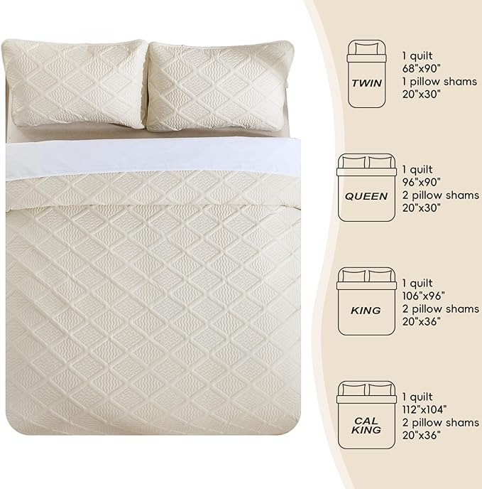 Yiran California King Size Beige Quilt Set Lightweight Oversized Bedspread Ultrasonic Diamond Pattern Soft Microfiber Summer Coverlet Modern Style 3 Piece with 2 Shams (112x104 inch)