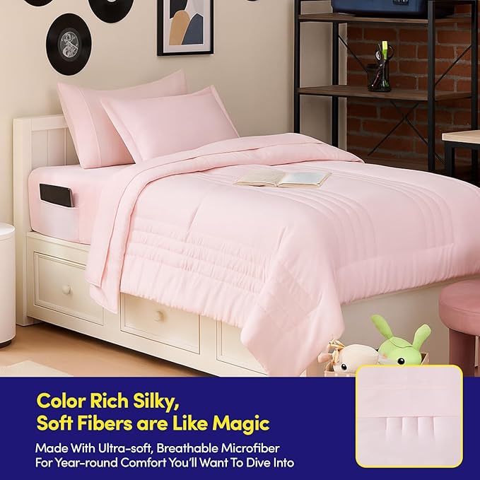 Twin Size Comforter Set Quilted Stripe Bedding Bundle – Comforter, Mattress Protector, Sheets with Pockets on the Side & Built-in Corner Strap – Fitted Sheet Media Pocket for Devices, Pale Pink