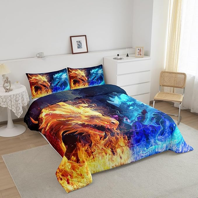 Dragon Comforter Set,Ice and Fire Magical Dragon King Size Boys Bedding Set for Kids Teens Men Adults Room Decor,Animal Pattern Duvet Insert,Blue and Golden Wildlife Quilt Set 3Pcs,2 Pillowcases