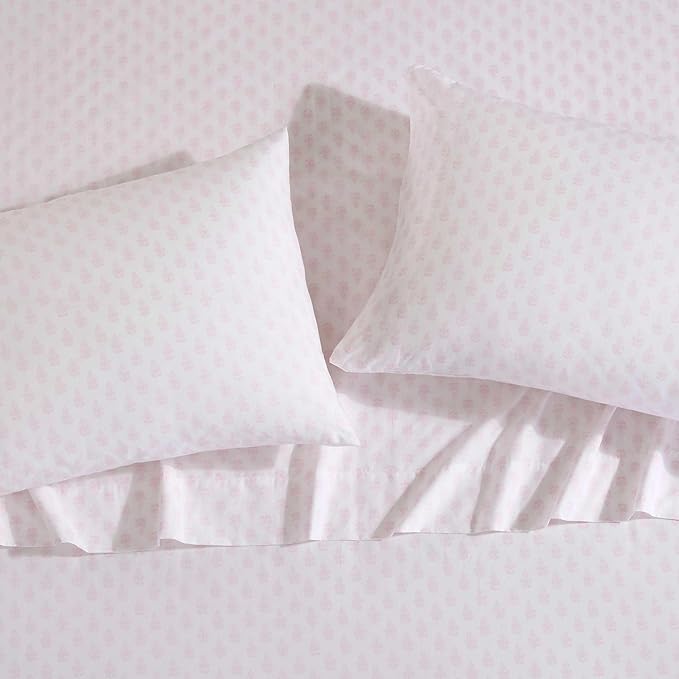 Laura Ashley - Queen Sheets, Lightweight & Breathable Cotton Percale Bedding Set with Matching Sham(s), Oeko-Tex Certified (Francesca Pink, Queen)